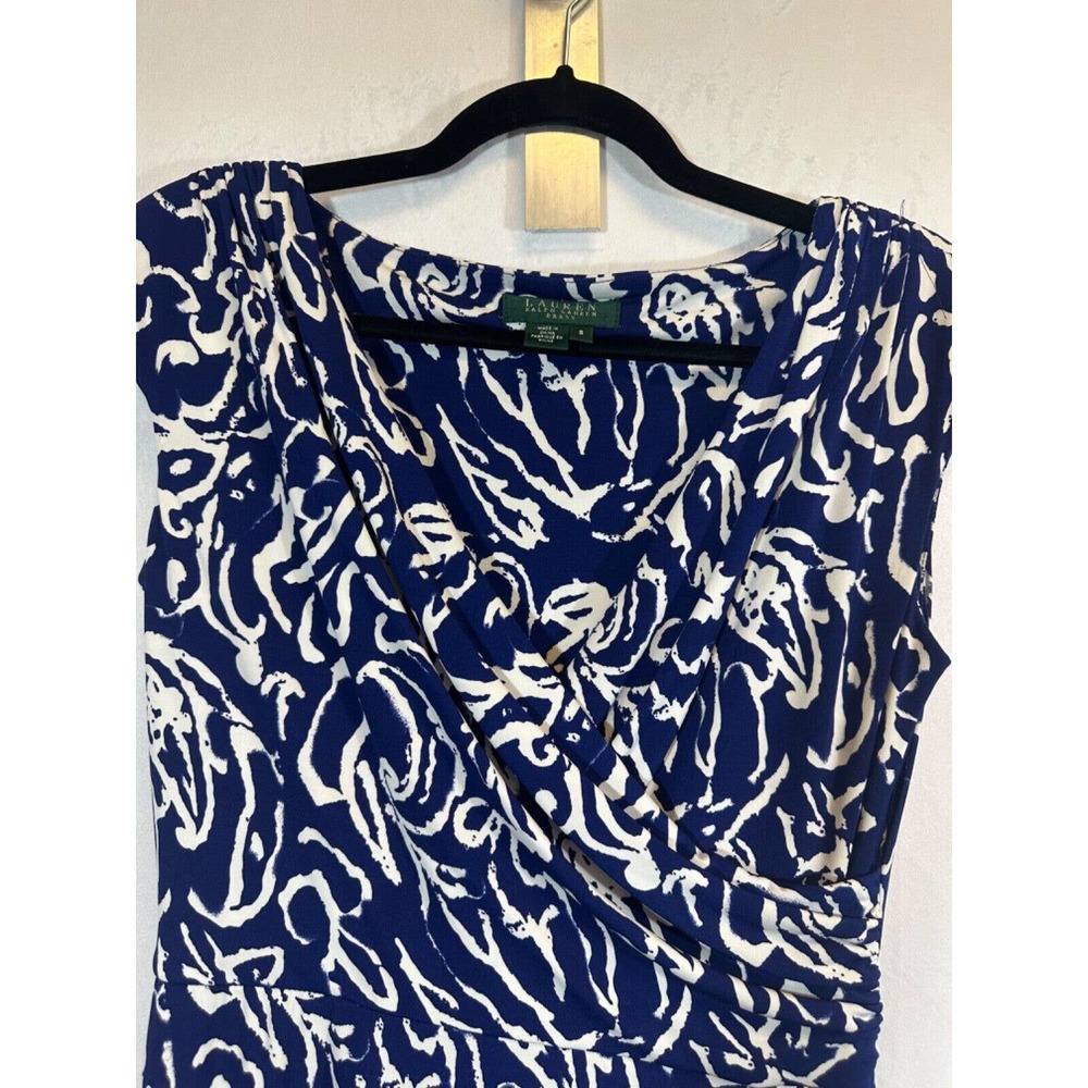 LAUREN RALPH LAUREN BLUE WHITE WRAP STYLE DRESS SIZE 8 Faux Wrap Career A27 - Picture 7 of 7